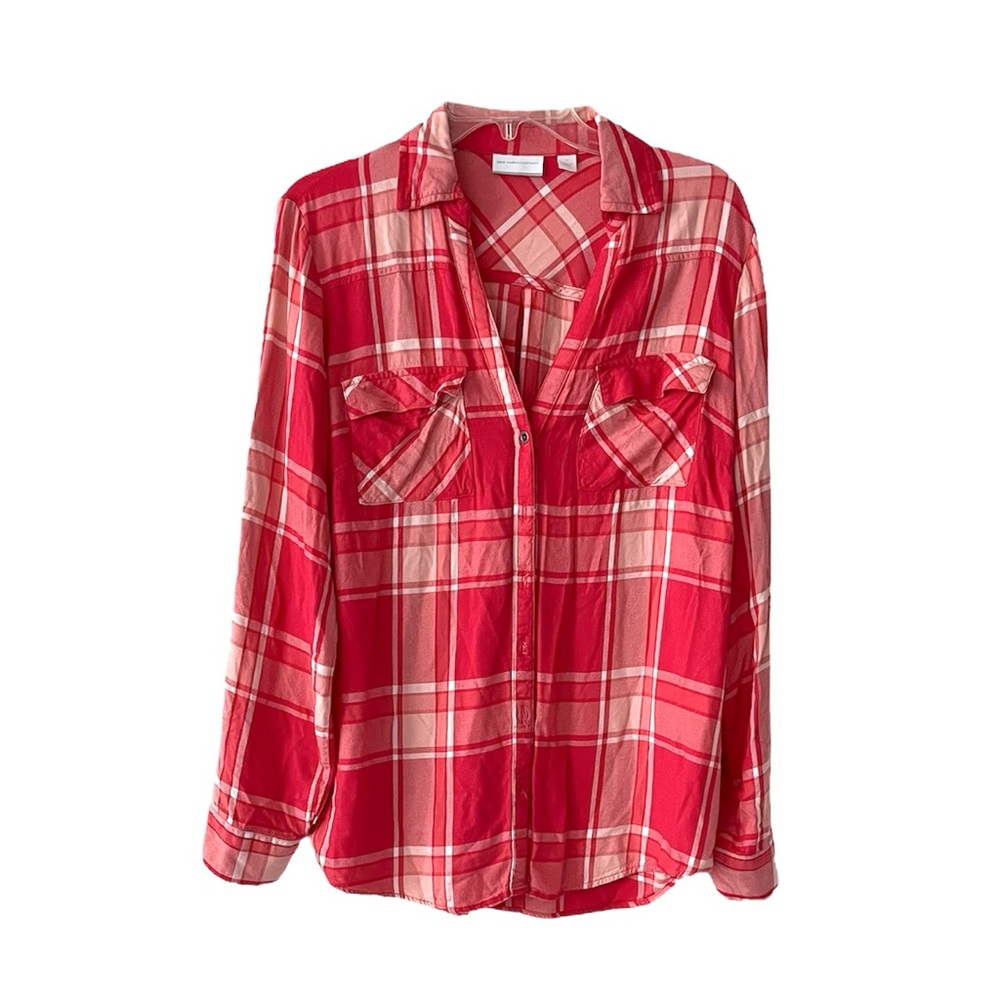 New York & Co Pink White Plaid Button-Up Long Sleeve Shirt Top Size Medium